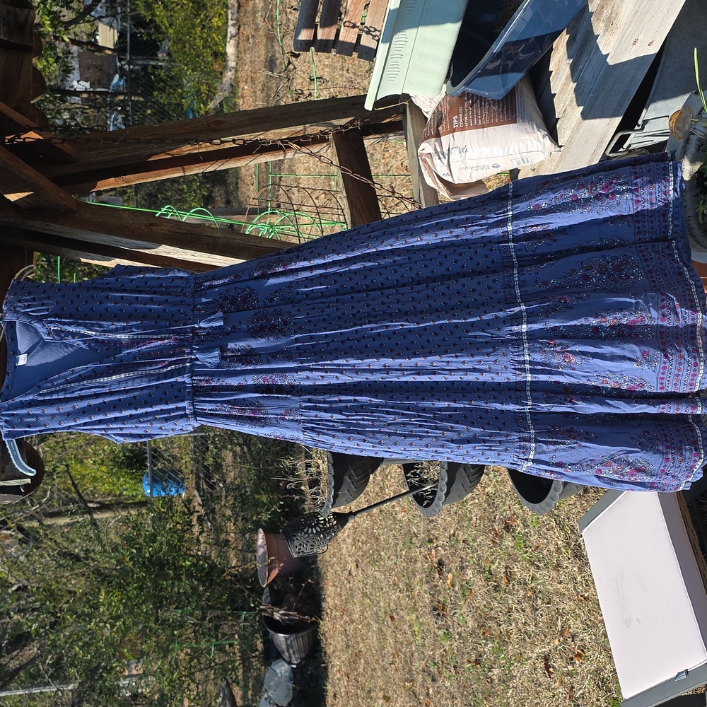 Old Navy Blue Tiered Patterned Woven Maxi Dress V Neck Tassel Sleeveless Size SP